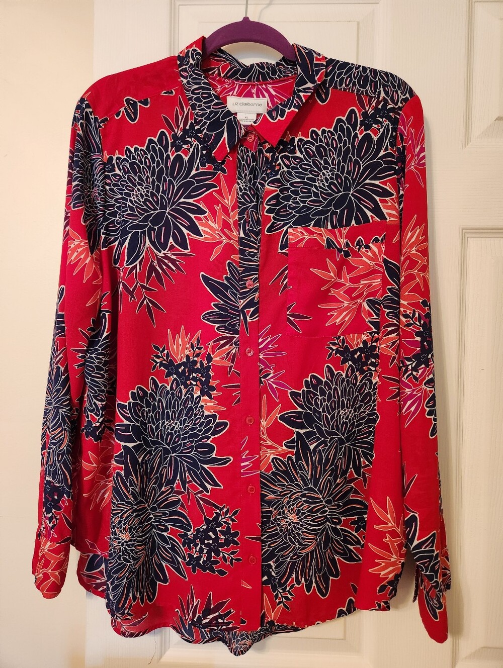 Liz Claiborne Red, Navy & Cream Floral Collared Blouse, sz Xl